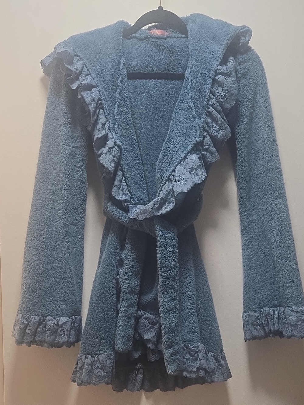 Chiara Berti Blue Hooded Knit Ruffle Trim Robe Cardigan XS